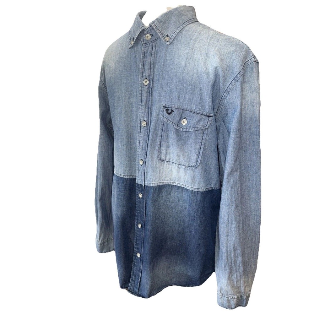 True Religion Men’s Denim Shirt Slim Fit Linen Cotton Medium Blue Modern Casual